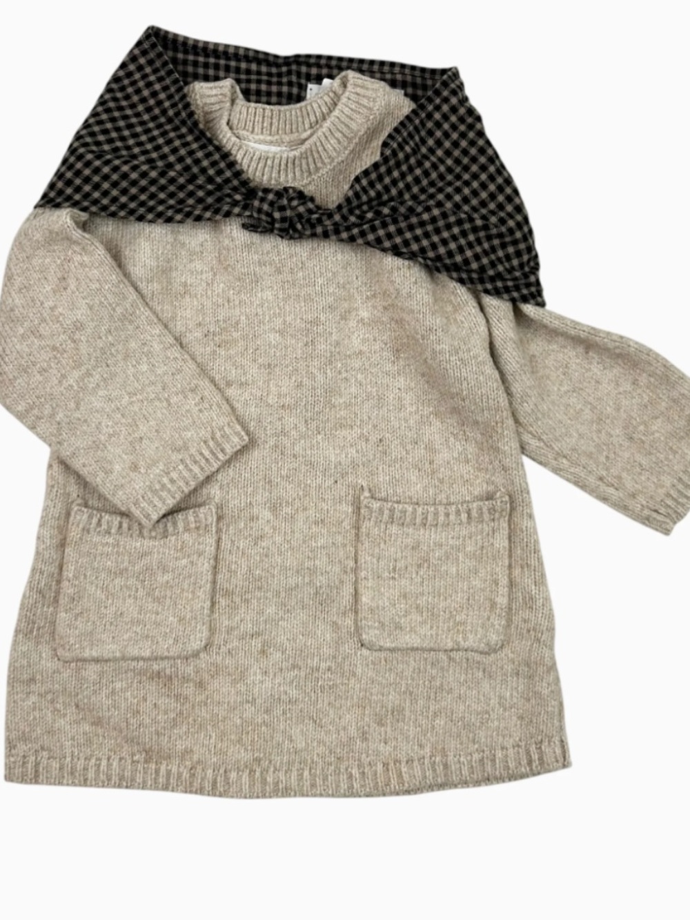 Kids' Neutral Chunky Knit Dress with Contrast Capelet